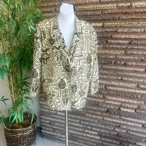 Vintage 90s Brown Tribal Masks 100% Silk Blazer Bogari Jacket